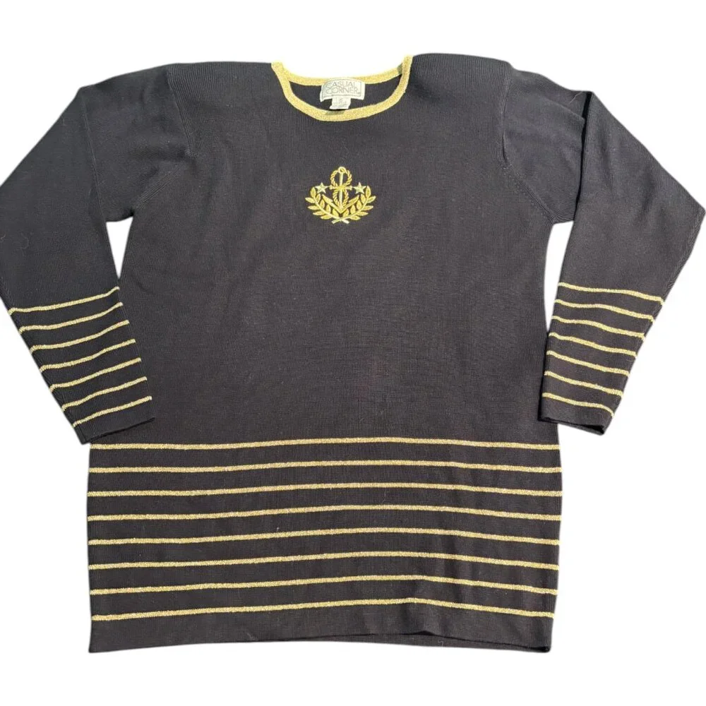 Casual Corner Vintage Nautical Anchor Crest Sweater Black Gold Metallic Womens M